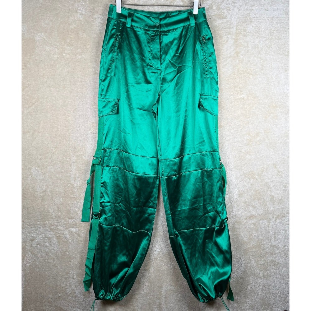 Rosevelvet‎ Emerald Green Satin Cargo Pants D-Ring Bungee Hem Womens L Festival